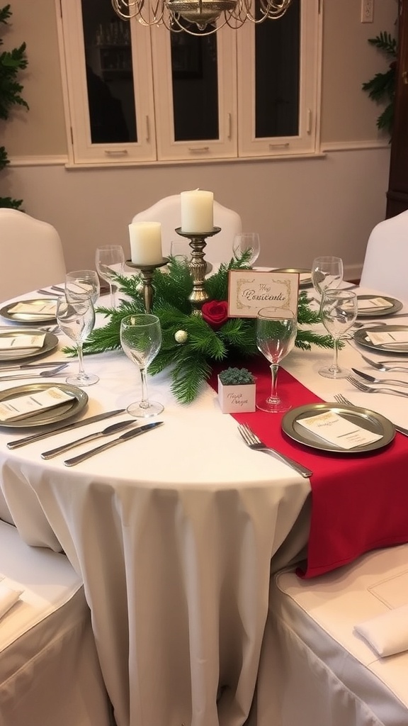 Elegant Christmas Table Setting Decor Ideas A festive Christmas table setting with a white tablecloth, red runner, evergreen centerpiece, and elegant dinnerware.